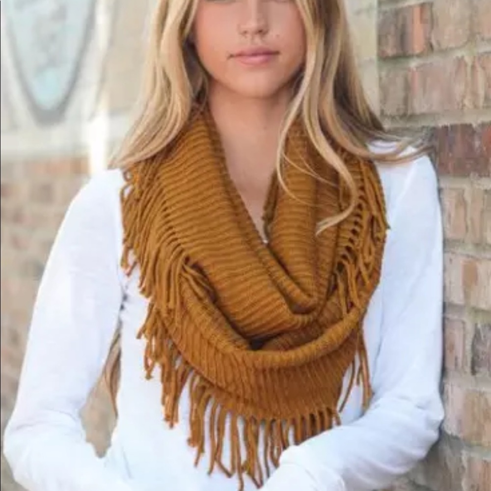 RIBBED Fringe INFINITY Scarf Camel Tan Brown NWT